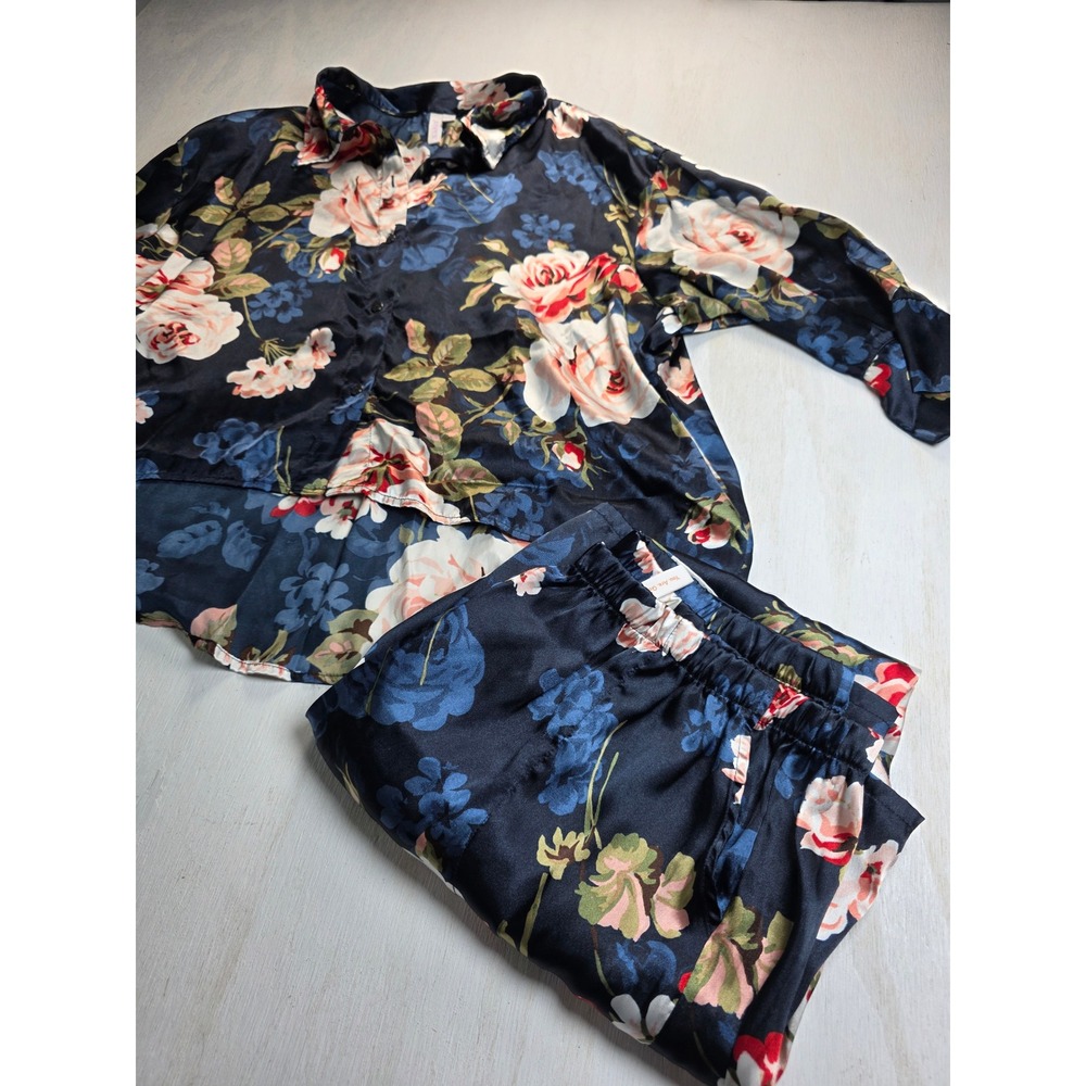 Joyspun Floral Satin Pajama Set Navy Blue Rose Print Sleepwear XL Classic Boho